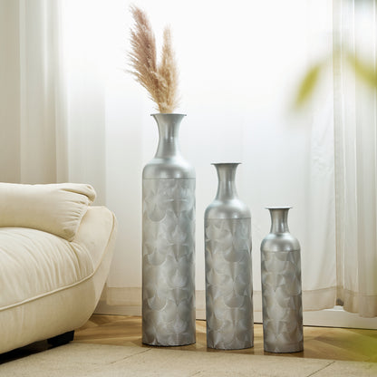 3er Set Bodenvase Silber, Metall, Wellenmuster, Hohe Übertöpfe 83/66/50 cm