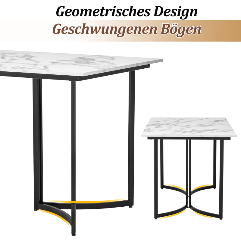 Moderner Esstisch weiß mit Marmoroptik und gebogenen Tischbeinen, verstellbare Füße für Esszimmer und Küche