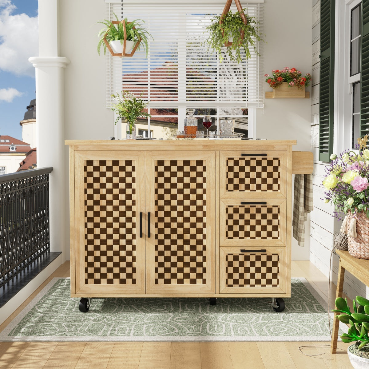 Kücheninsel 120x75cm klappbar Servicewagen mit Rollen, Buffetschrank Natur Holzoptik, Schachbrettmuster, 3 Schubladen & Handtuchhalter