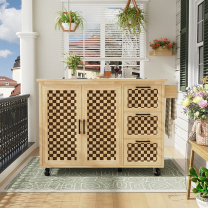 Kücheninsel 120x75cm klappbar Servicewagen mit Rollen, Buffetschrank Natur Holzoptik, Schachbrettmuster, 3 Schubladen & Handtuchhalter