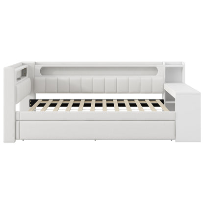 Gepolstertes 90x200 Daybed mit USB-Anschlüssen und LED-Gürtel, mit Schreibtisch und 2 Schubladen, weiß