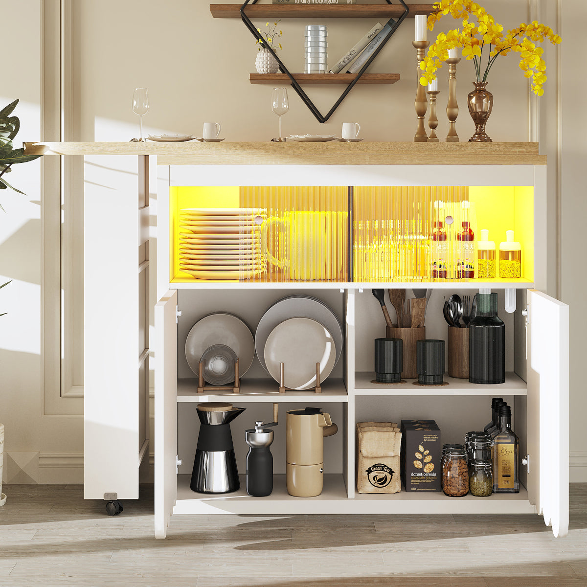 Ausziehbarer Bartisch 135-205cm mit LED & USB, Mobiler Hochtisch Weiß, Teleskop-Kücheninsel mit Glas-Schiebetür & Soft-Close, Gestreift