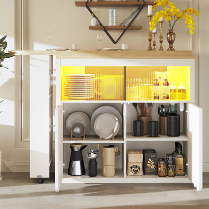 Ausziehbarer Bartisch 135-205cm mit LED & USB, Mobiler Hochtisch Weiß, Teleskop-Kücheninsel mit Glas-Schiebetür & Soft-Close, Gestreift