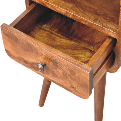 Mini Nachttisch aus Massivholz – Kastanienbraun, Curved Design, 1 Schublade & offenes Fach, Handgefertigt, Nordic-Stil, 30x30x55 cm