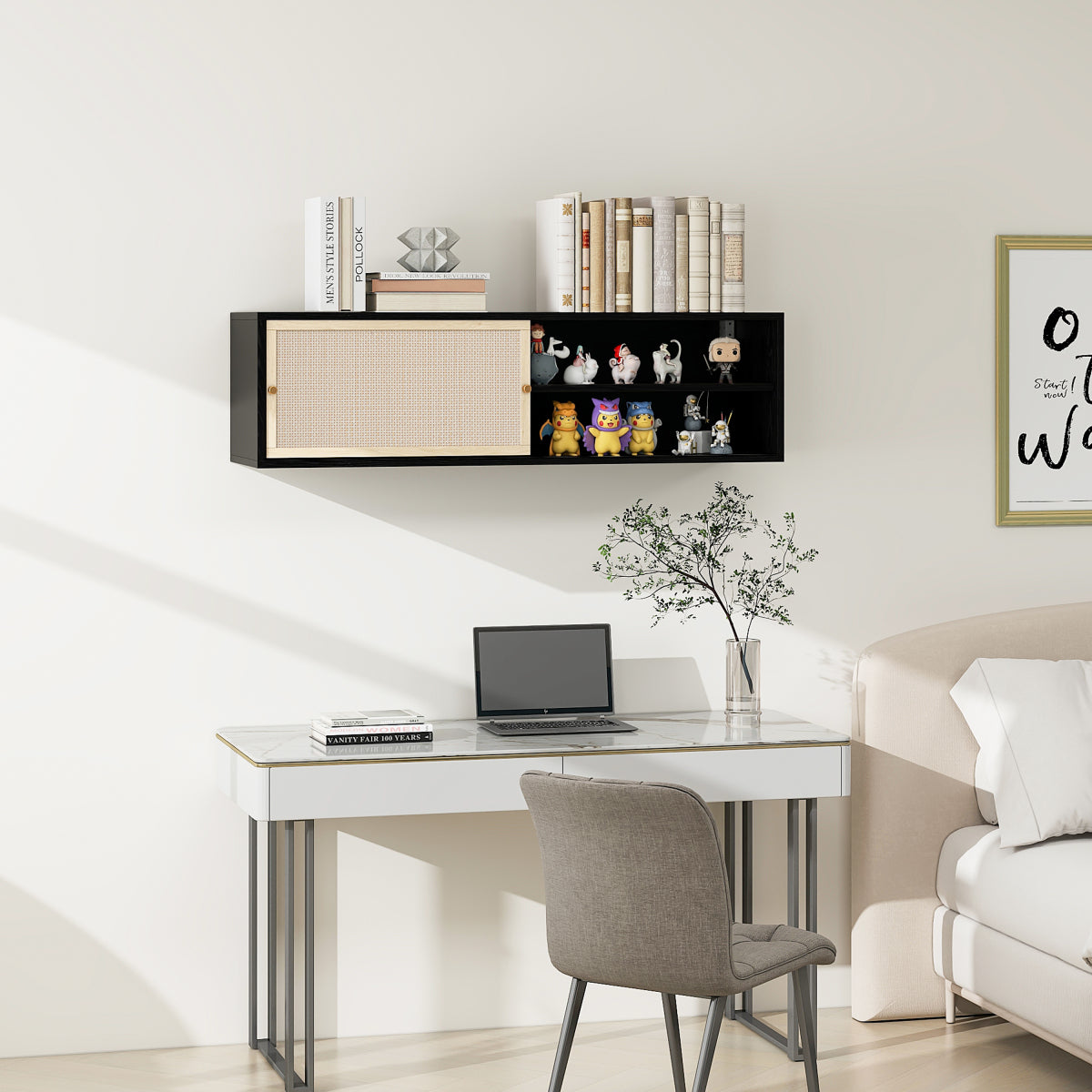 Sideboard 110x40x31 cm, TV-Schrank oder Hängeschrank, Kunst-Rattan Schiebetüren, Goldgriffe, Verstellbare Böden