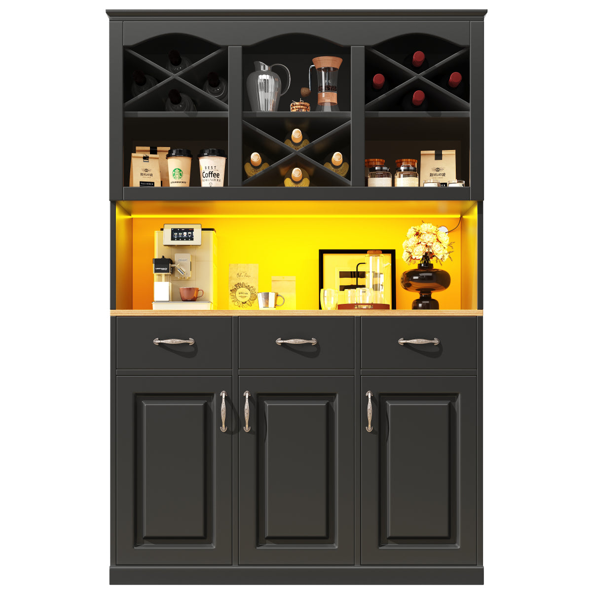 Küchenschrank 120x180cm LED, Hohes Buffet Schwarz, 3 Türen & 3 Schubladen, App-Steuerung, MDF Mehrzweckschrank