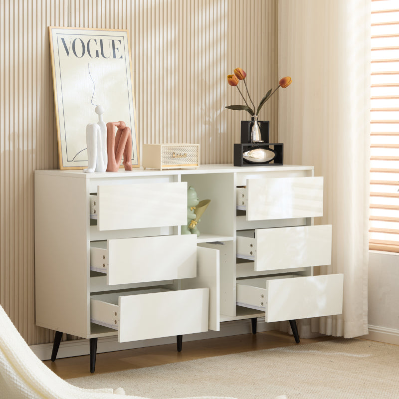 Modernes weißes Sideboard mit LED-Beleuchtung, 6 geräuschlosen Schubladen, Push-Open-Türen, Hochglanzlackierung, mattschwarzen Metallbeinen, 120x40x80 cm – ideal für Küchen, Ess- und Wohnbereiche