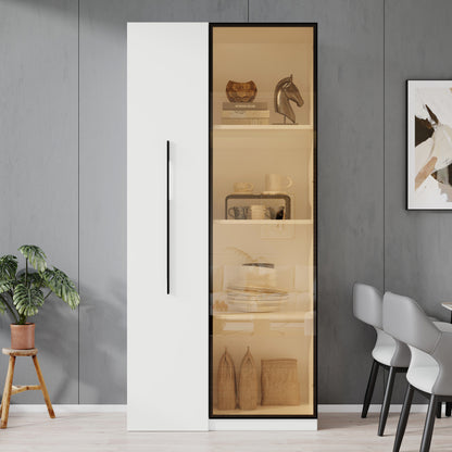 Multifunktionsschrank 160 cm hoch – Bücherregal und Vitrine mit Türen aus gehärtetem Glas, Türrahmen aus Aluminium, 1 Tür, 1 seitliche Schublade, mit Rollen und LED-Beleuchtung – Vitrine, Esszimmersch