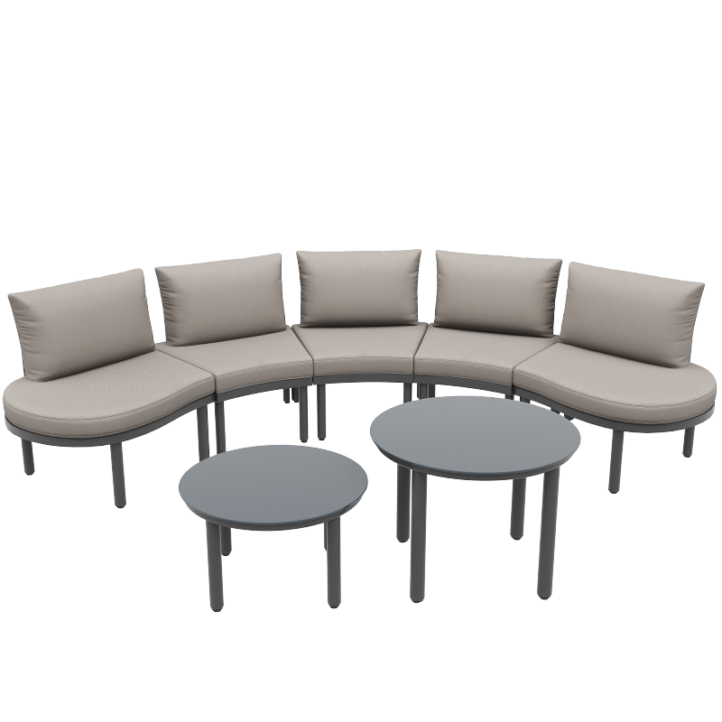 Gartenmöbel-Set (5-Sitzer), 2 Couchtische aus gehärtetem Glas, verzinkter Eisenrahmen, bequeme Gartenmöbel mit grauen Sitzpolstern und Kissen, mit verstellbaren Beinen, elegantes abgerundetes Sofa