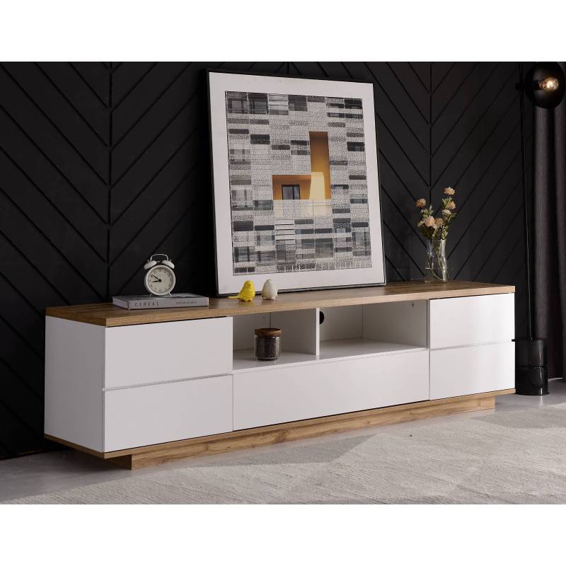 Moderner Farbblock-TV-Schrank in weißer Ausführung, TV-Schrank mit Holzmaserung, 180 cm