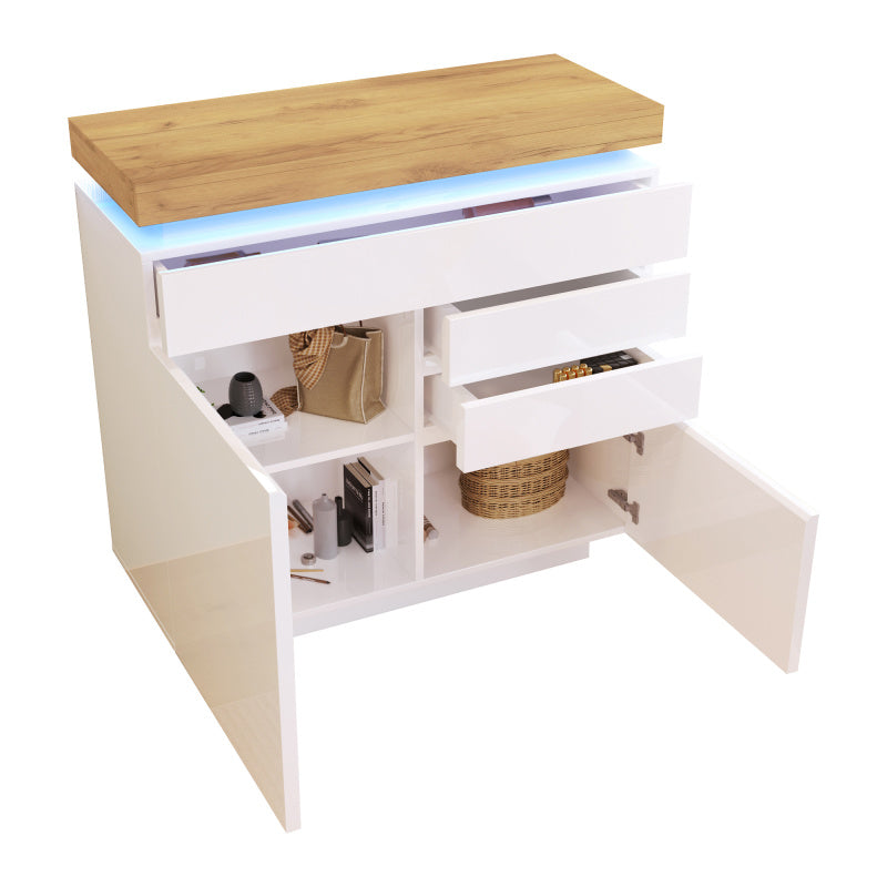Kommode, Hochglanz Sideboard mit 2 Türen und 3 Schubladen, LED Beleuchtung (App Control), Mehrzweckschrank für Wohnzimmer und Schlafzimmer, 115 x 110 x 39 cm, Weiß