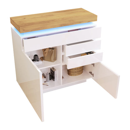Kommode, Hochglanz Sideboard mit 2 Türen und 3 Schubladen, LED Beleuchtung (App Control), Mehrzweckschrank für Wohnzimmer und Schlafzimmer, 115 x 110 x 39 cm, Weiß