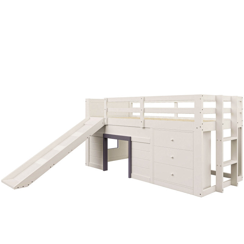 90 x 200 niedriges Hochbett mit Rutsche, drei Schubladen und zwei Türen, Creme
