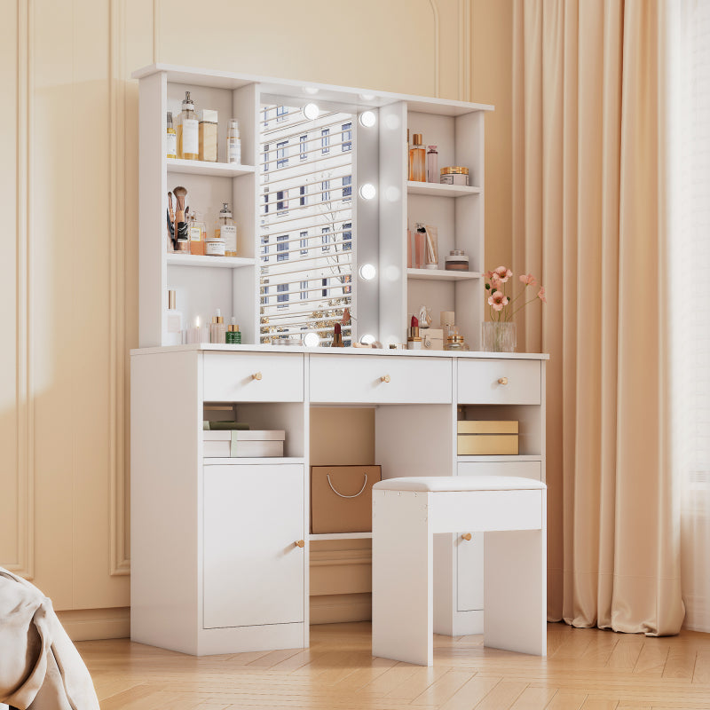 Großer Schminktisch, Make-up Tisch mit verstellbarer LED-Beleuchtung,  Weiß