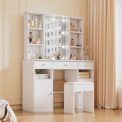 Großer Schminktisch, Make-up Tisch mit verstellbarer LED-Beleuchtung,  Weiß