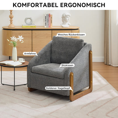 Sessel, Akzentstuhl für Wohnzimmer, Loungesessel, moderner Stuhl mit Armlehne aus Holz, mit Rückenkissen, grauer