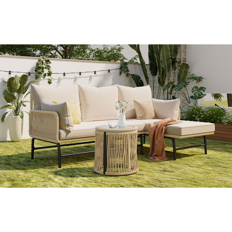 Gartenlounge-Set, Gartenmöbel-Set, Gartenlounge mit Eisengestell und beigem Seilbezug, Gartenmöbel aus gewebtem Seil für den Außenbereich, L-förmiges Gesprächsset mit Tisch, Beige