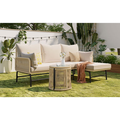 Gartenlounge-Set, Gartenmöbel-Set, Gartenlounge mit Eisengestell und beigem Seilbezug, Gartenmöbel aus gewebtem Seil für den Außenbereich, L-förmiges Gesprächsset mit Tisch, Beige