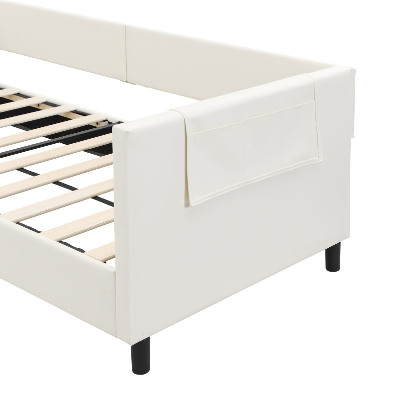 Kinder-Spleißbett, Polsterbett, Tagesbett, Schlafsofa mit Metallbettgestell, Kindernachttisch mit unterer Klapptür, 3 kleine Aufbewahrungstaschen, PU+MDF+Sperrholz, Weiß, 90x200cm