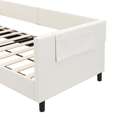 Kinder-Spleißbett, Polsterbett, Tagesbett, Schlafsofa mit Metallbettgestell, Kindernachttisch mit unterer Klapptür, 3 kleine Aufbewahrungstaschen, PU+MDF+Sperrholz, Weiß, 90x200cm