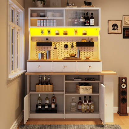 Küchenschrank 137x45x178cm hohes Küchenbuffet mit LED-App-Steuerung, Ausziehbarer Tischplatte & Stecktafel, Mehrzweckschrank MDF Weiß/Holz
