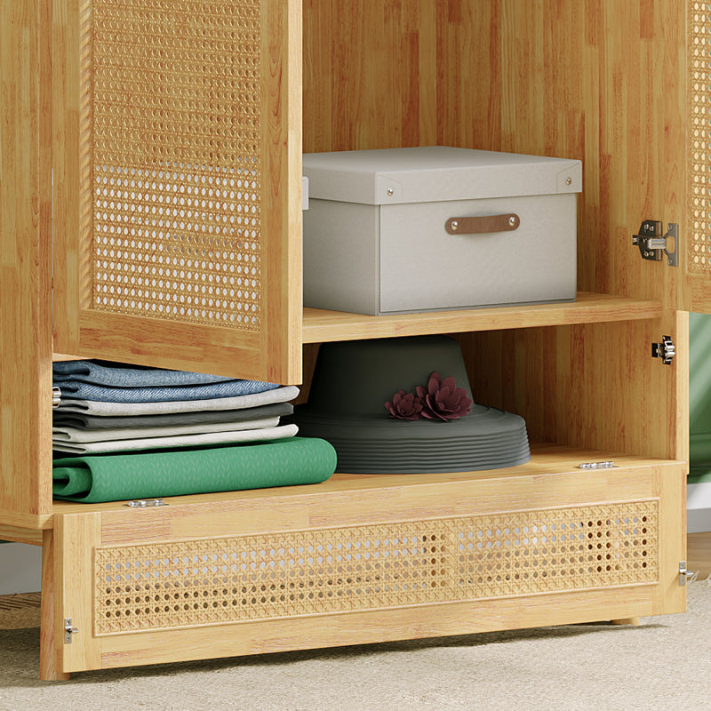 Kleiderschrank mit Stange, 2-türiger Kleiderschrank, Schlafzimmer, Rattannetz, Wohnzimmer, mit unterem Flip-Top-Deckel, Spanplatten+PE-Rattan, Natur