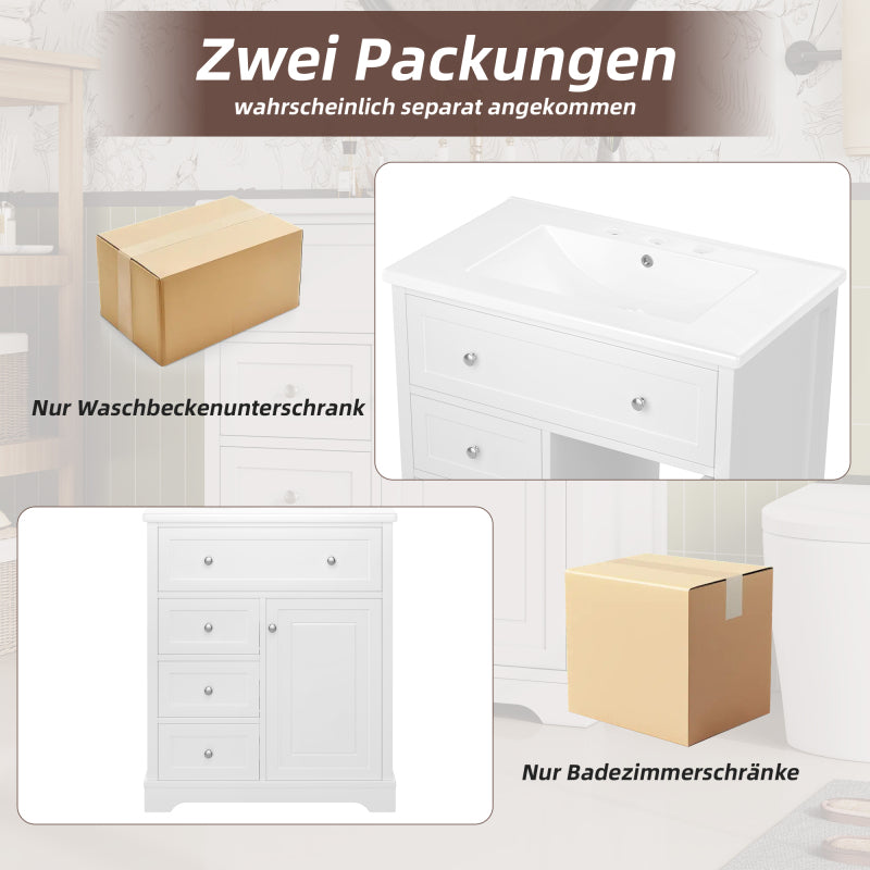 76x46x87cm Bodenstehender Badezimmerschrank mit Waschbeck, Waschtisch,Sprühlackierverfahren,Drei Soft-Close-Schubladen,Türregale,ausklappbare Schublade,integriertes Keramikwaschbecken,Weiß