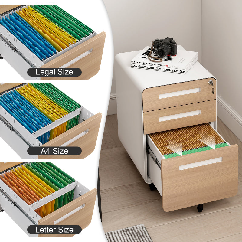 3 Drawer Mobile File Cabinet Under Desk Office,Simple Style Versatile Storage Cabinet for Legal/Letter/A4 Files, 5 Wheel Design Anti-Tilting Cold Rolled Steel Waterproof Moisture-Proof White
