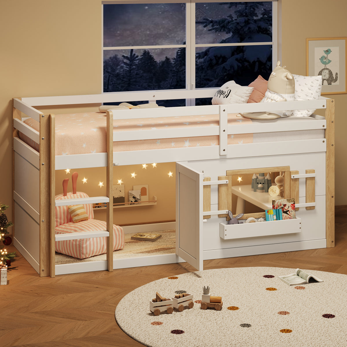 Mini-Etagenbett Weiß 90x200 cm, Kinderbett (110 cm hoch) aus Massivholz/MDF, Inkl. Lattenrost