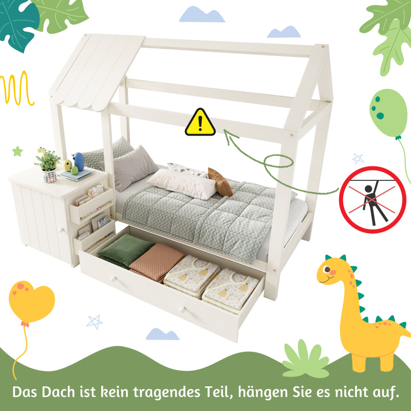 Hausbett Kinderbett 90x200 cm aus Massivholz mit Schubladen & abnehmbarem Nachttisch - Bodenbett in Weiß, ohne Matratze