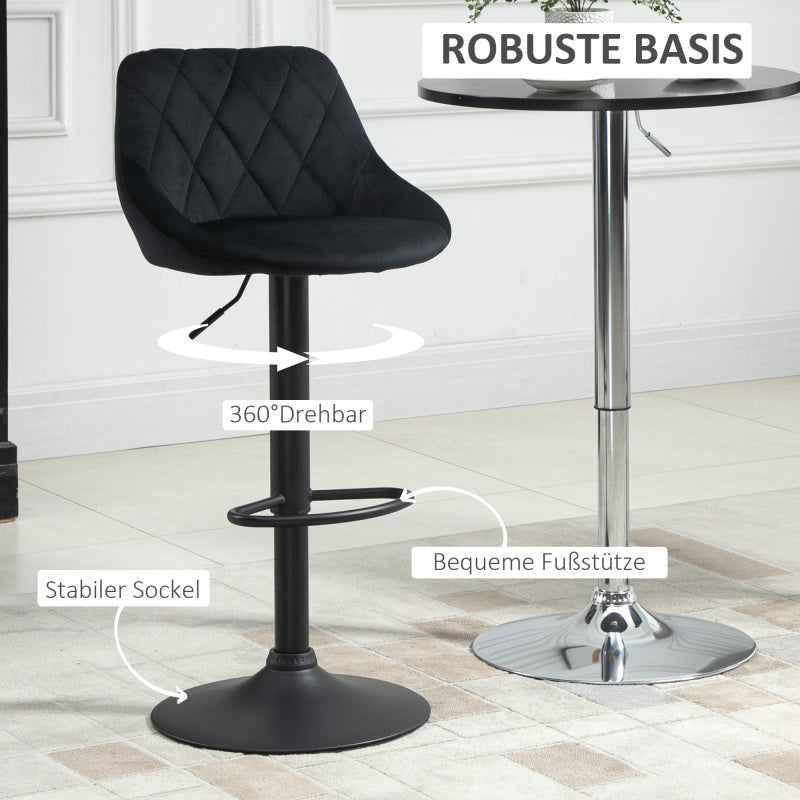 Barhocker 2er-Set Höhenverstellbar Schwarz Bistrohocker mit Fußstütze und Rückenlehne aus Samt & Metall