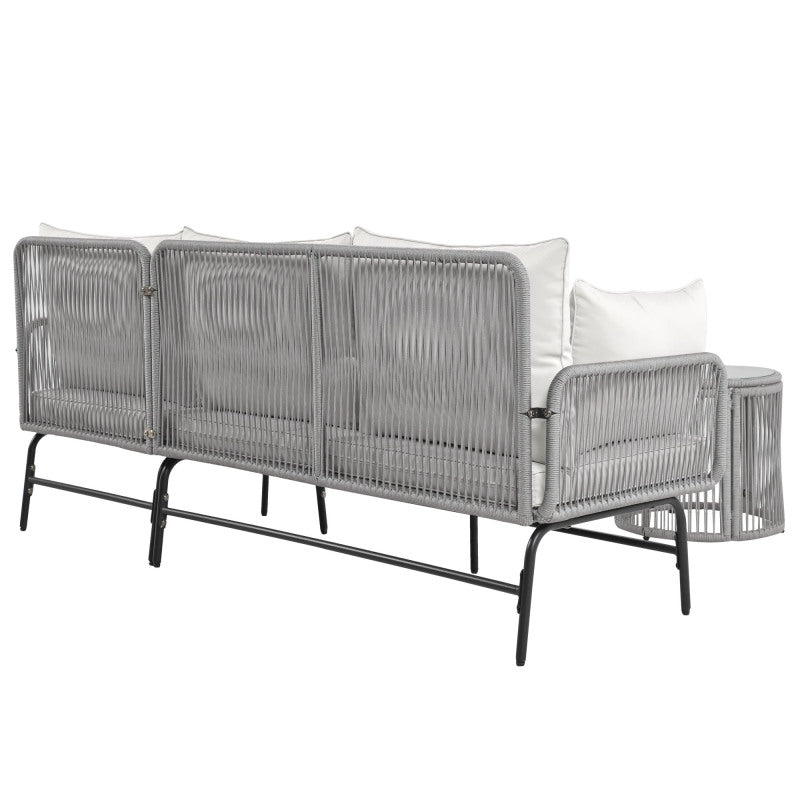 Gartenlounge-Set, Gartenmöbel-Set, Mit Eisenrahmen und grauem Seil, Gartenmöbel aus gewebtem Seil für den Außenbereich, Grau, Zwei Sessel, zwei 2-Sitzer-Sofas und zwei Tische (alle Kissen inklusive)