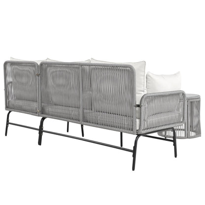 Gartenlounge-Set, Gartenmöbel-Set, Mit Eisenrahmen und grauem Seil, Gartenmöbel aus gewebtem Seil für den Außenbereich, Grau, Zwei Sessel, zwei 2-Sitzer-Sofas und zwei Tische (alle Kissen inklusive)