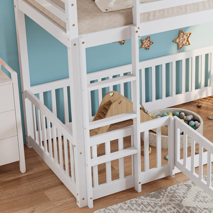 Etagenbett mit rechtwinkliger Treppe, Bett mit Zäune und Türchen, Kinderbett mit Fallschutz und Gitter, Massivholz, weiß (200x90cm)