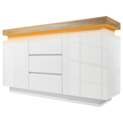 Kommode, Hochglanz Sideboard mit 2 Türen und 3 Schubladen, LED Beleuchtung (App Control), Mehrzweckschrank für Wohnzimmer und Schlafzimmer, 81 x 140 x 39 cm, Weiß