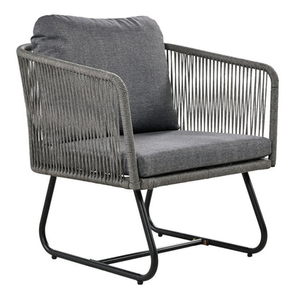 Garten-Lounge-Set mit Rahmen aus verzinktem Eisen, Gartenmöbel-Set aus Seil, graues Seil, verstellbare Füße, Tischplatte aus glattem Glas, 5er-Set, inklusive aller Sitz- und Rückenkissen