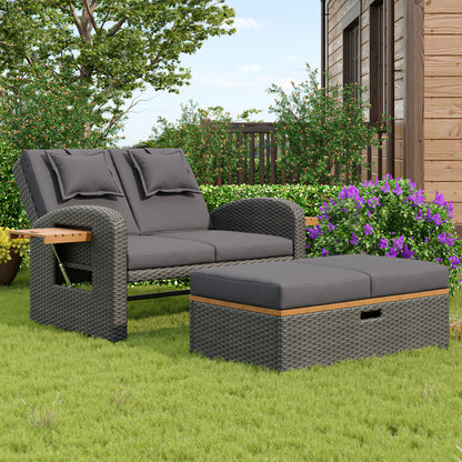 Garten-Lounge-Sessel-Set für 2 Personen, graues Rattan, verstellbare Rückenlehne, Stützfuß, mit Fußhocker oder als Outdoor-Bett nutzbar, mit Rückenkissen und Sitzkissen (previous sku:HW24020AAA)