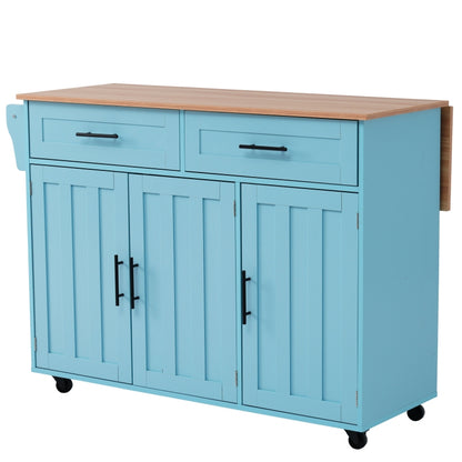 129x46(71)x91,5 cm großer Speisewagen/Sideboard, Arbeitsplatte mit Massivholzmaserung + blauer Schrank/faltbare Arbeitsplatte/Aufbewahrungstür-Design/Räder/Massivholzfüße umschaltbar/für Zuhause geeig