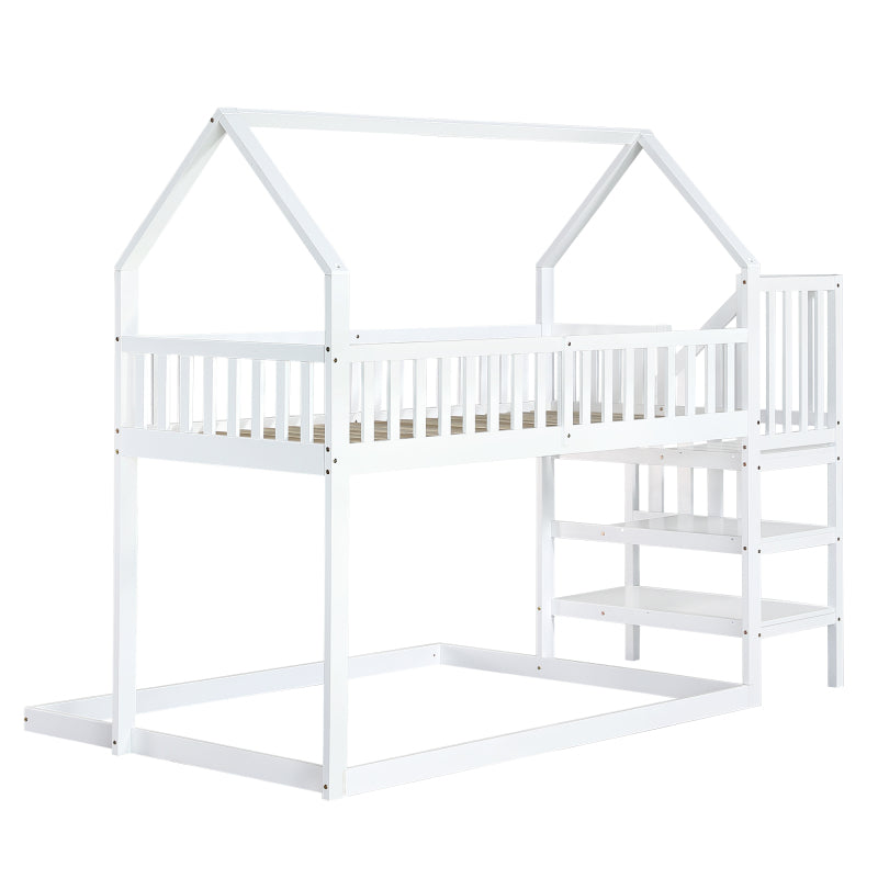 [29994142WAA]Etagenbett, Hausbett mit Treppe, Kinderbett mit Fallschutz und Gitter, Rahmen aus Kiefer, weiß (90x200&140*190cm)