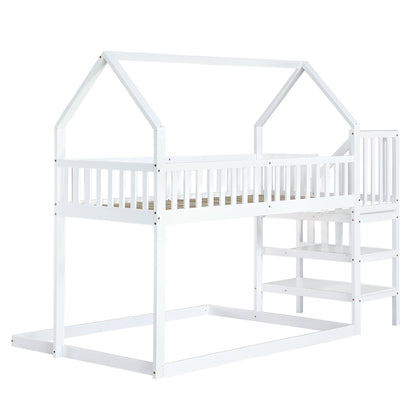 [29994142WAA]Etagenbett, Hausbett mit Treppe, Kinderbett mit Fallschutz und Gitter, Rahmen aus Kiefer, weiß (90x200&140*190cm)