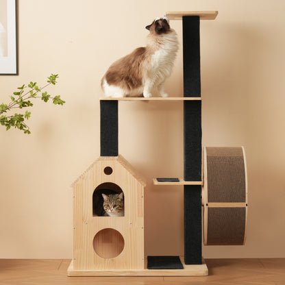 Katzenbaum aus Massivholz mit Laufrad mit 4 Plattformen, 2 Katzenhäusern, Sisalpfosten & waschbaren Kratzmatten, 80×40×152 cm
