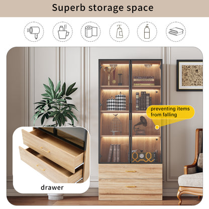 Badezimmerschrank, mittel, mit Lichtleiste, 75 cm breit, mit 2 großen Schubladen und 2 Türen, Glastür