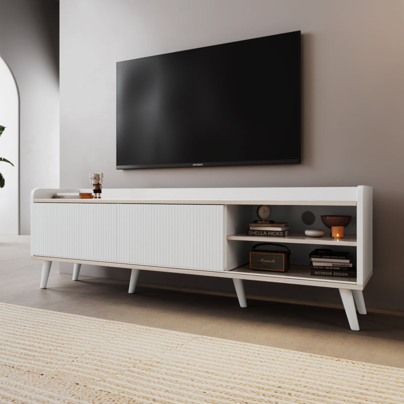 TV-Schrank mit zwei Schubladen, Fernsehtisch TV Board, TV- Lowboard niedrige Platte mit zwei Schiebetüren. Exquisite Textur. Weiß und natürliches Holzfarbe. H58/L160/T40 cm.