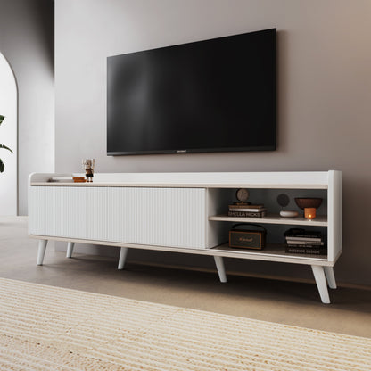 TV-Schrank mit zwei Schubladen, Fernsehtisch TV Board, TV- Lowboard niedrige Platte mit zwei Schiebetüren. Exquisite Textur. Weiß und natürliches Holzfarbe. H58/L160/T40 cm.