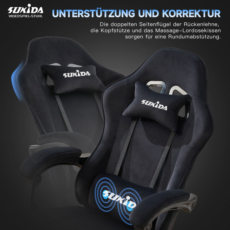 Gaming Stuhl Stoff, Ergonomischer Gaming Chair mit Fußstütze, Verstellbarer Racing Computerstuhl mit Lordosenstütze, Schwarz Ergonomisch PC-Stuhl