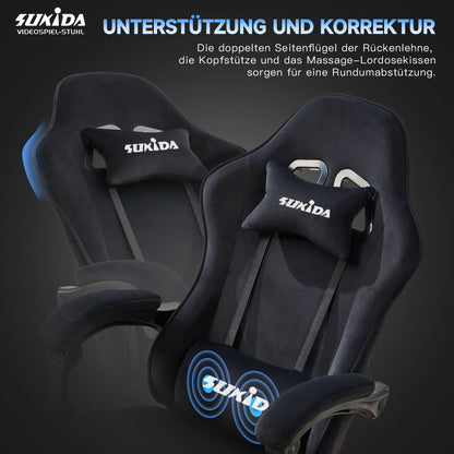 Gaming Stuhl Stoff, Ergonomischer Gaming Chair mit Fußstütze, Verstellbarer Racing Computerstuhl mit Lordosenstütze, Schwarz Ergonomisch PC-Stuhl
