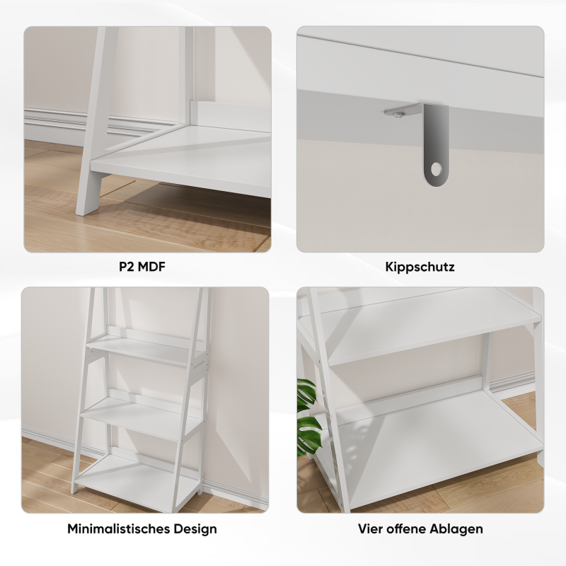 4-lagiges Leiter-Bücherregal, offener Bücherregal-Organizer & Aufbewahrungsständer für Bad, Homeoffice & Wohnzimmer, freistehend, weiß