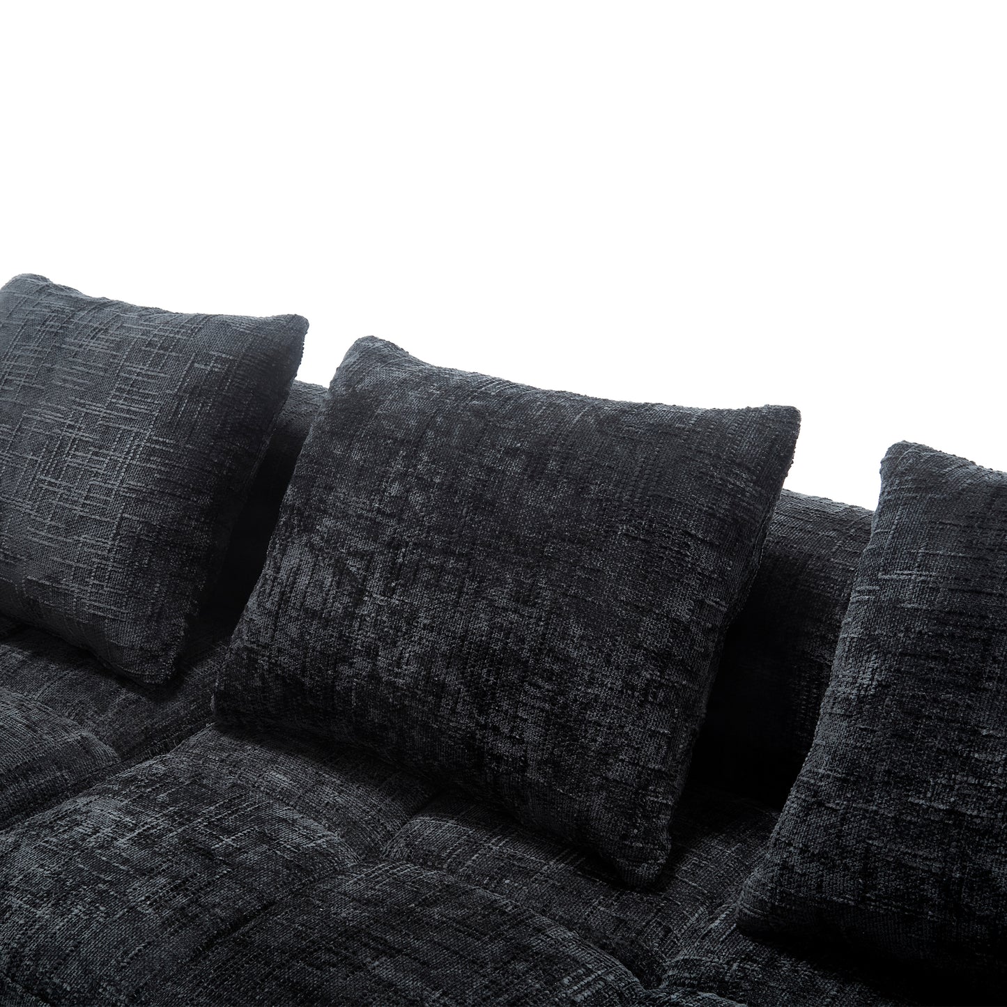 Modernes Sektionssofa, L-Sofa, 3-Sitzer-Sofa, keine Installation erforderlich, Chenille-Sofa mit Chaiselongue und Armlehnen, 3 Kissen, Seitentasche für Fernbedienung, Schwarz