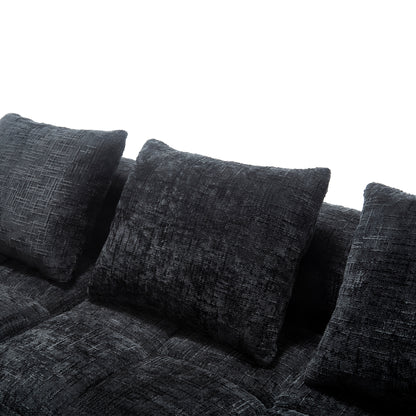 Modernes Sektionssofa, L-Sofa, 3-Sitzer-Sofa, keine Installation erforderlich, Chenille-Sofa mit Chaiselongue und Armlehnen, 3 Kissen, Seitentasche für Fernbedienung, Schwarz