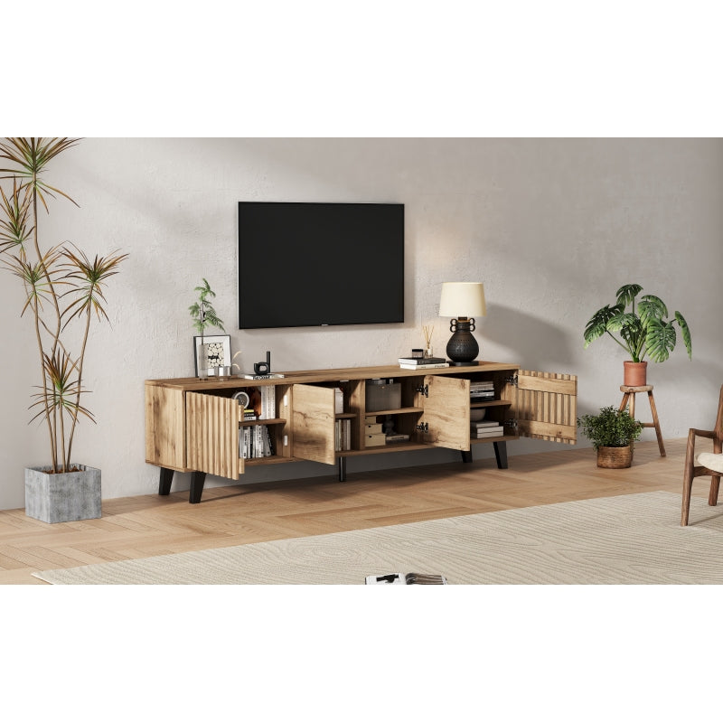 180 x 40 x 55 cm TV-Schrank, Lowboards  in Originalholzfarbe, 8 separate Ablagefächer, TV-Ständer, TV-Konsolen-Entertainment-Center passend für 70-Zoll-Fernseher, geeignet für Wohnzimmer